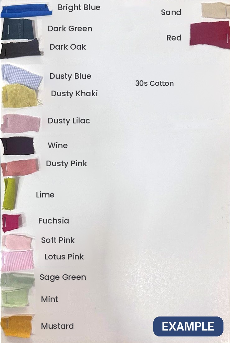 A buyer's swatch board for 30s cotton carrying named shades