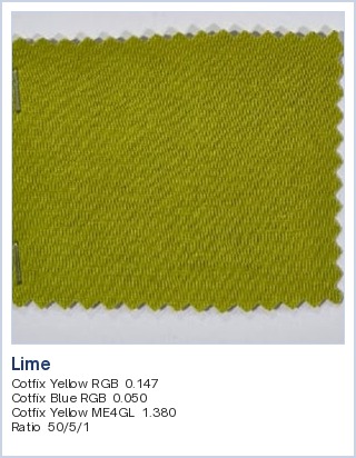 Cotton lab dyeing in Lime, matched by CCM, with recipe: Cotfix Yellow RGB 0.147, Cotfix Blue RGB 0.050, Cotfix Yellow ME4GL 1.380, ratio 50/5/1