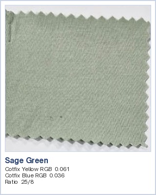 Cotton lab dyeing in Sage Green, matched by CCM, with recipe: Cotfix Yellow RGB 0.061, Cotfix Blue RGB 0.036, ratio 25/8