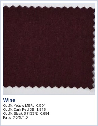 Cotton lab dyeing in Wine, matched by CCM, with recipe: Cotfix Yellow MERL 0.504, Cotfix Dark Red DB 1.916, Cotfix Black B 133% 0.694, ratio 70/5/1.5